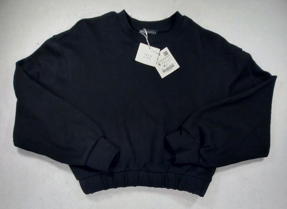 Zara Black Cropped Sweatshirt Womens Size S Join Life Crewneck Pullover NWT
